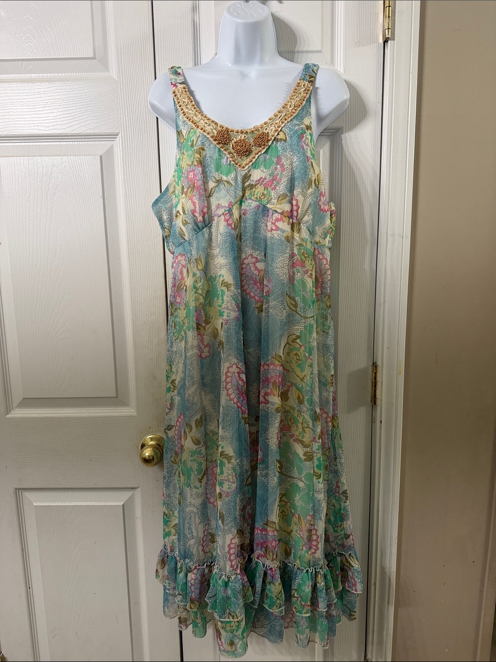 Vasna Desire Boho Floral Maxi Dress Beaded Neckline - Aqua & Pastel Floral Sz XL